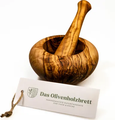 Produktbild von Mörser und Stößel aus Olivenholz mit rundem Rand 12 cm