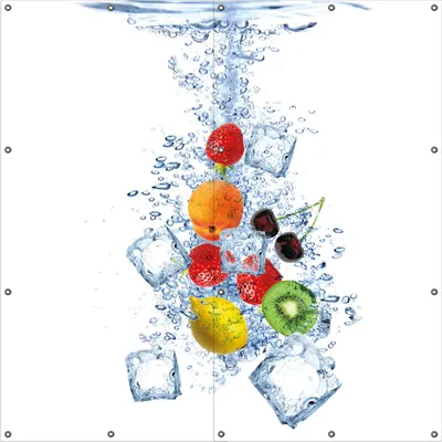 Produktbild von Wallario Outdoor-Poster für Garten oder Balkon, Motiv Obst-Eiswürfel-Mix im Wasser mit weißem Hintergrund, in ca. 180 x 180 cm