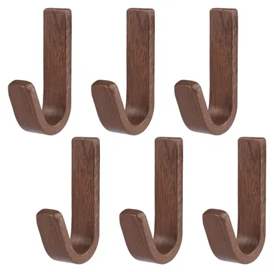 Wandhaken aus Walnussholz, J-Form, 6er-Set, selbstklebend