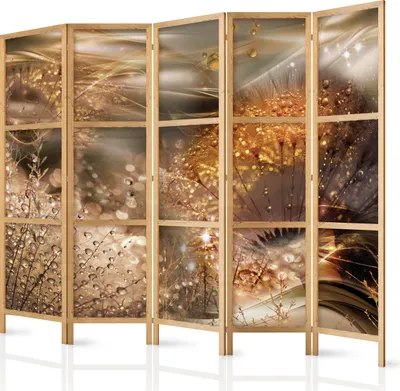 A multi-panel room divider with a nature-inspired abstract design.
