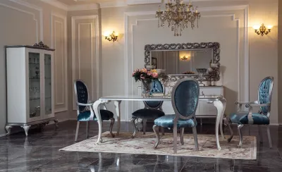 Produktbild von Design Esszimmer Set 8tlg Esstisch Stuhl Kommode Vitrine Spiegel Ess Tische Holz
