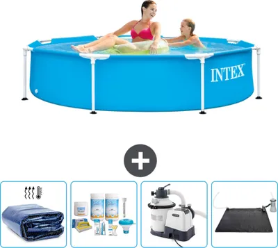 Produktbild von Intex-Schwimmbecken mit rundem Rahmen – 244 x 51 cm – Blau – im Lieferumfang enthalten Sonnensegel - Wartungspaket - Filterpumpe für Schwimmbad - Solarmatte