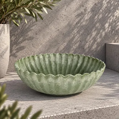 Imagen del producto de Macetas redondas, con diseño ondulado, para exteriores, color verde mármol, de 22 cm de diámetro