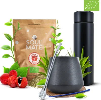 Immagine prodotto di Soul Mate - Set di tè mate biologico al guaranà 500 g - Thermos a LED 480 ml - Tazza in Vetroceramica Obelise 300 ml - Senza fumo - Essiccato all'aria - Yerba mate del Brasile