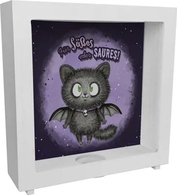 Produktbild von Schwarze Fledermaus-Katze Rahmen Spardose aus Holz mit Spruch Für Süßes oder