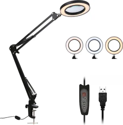 Zdjęcie produktu dla Lupa LED Happyment – powiększenie 5X – lupa z lampką – lampka biurkowa – 10 dioptrii – czarna