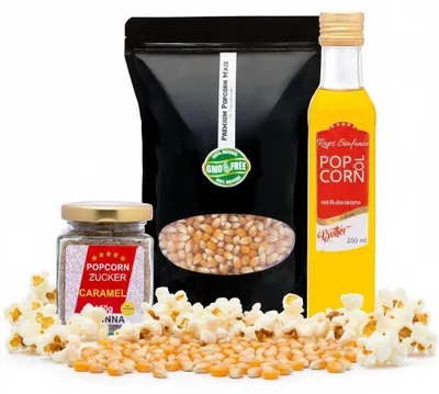 Produktbild von Hopser Funfood Popcorn Set Popcornmais Popcornöl Butteraroma & Karamellzucker
