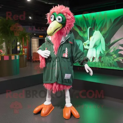Produktbild von Waldgrüner REDBROKOLY Flamingo Maskottchen Kostüm charakter gekleidet mit Parka und Armbändern