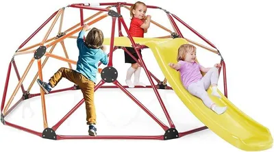 Imagen del producto de Estructura de escalada geométrica, cúpula de escalada para interior y exterior con tobogán y plataforma de tela, escalera de escalada para jardín, resistente hasta 180 kg, para niños a partir de 3 años (naranja + rojo, diámetro 183 cm)