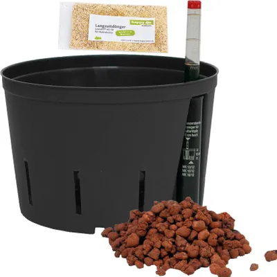 Produktbild von Set 4 teilig für Hydrokultur Kulturtopf 18/12 Ø 18 cm H 12 cm Wasserstandsanzeiger Blähton Dünger HD50