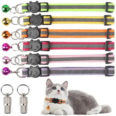 Obrázek produktu pro Sada 6 reflexních obojků pro kočky – nastavitelné nylonové bezpečnostní obojky se zapínáním na rychlosponu, mix barev (19-32 cm)
