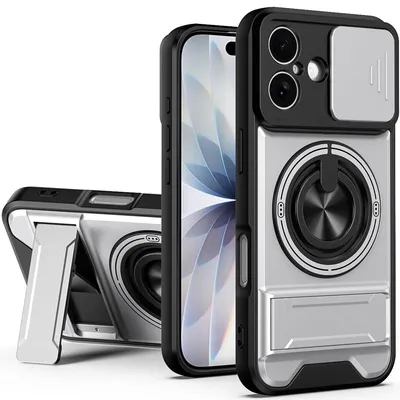Obrázek produktu pro Magnetické pouzdro pro iPhone 17 Ochranné pouzdro s posuvným krytem fotoaparátu a kroužkovým stojánkem Stříbrná