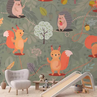 Produktbild von Vlies Fototapete - Friends from the forest - colourful forest with mushrooms and animals for children 100x70 cm Für Kinder g-C-0368-a-a