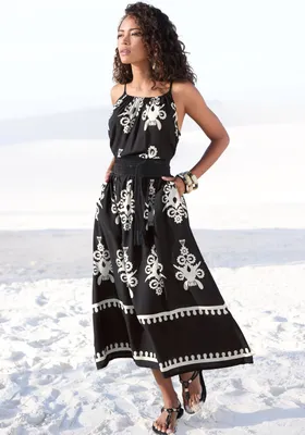 Produktbild von LASCANA Midikleid aus gewebter Viskose mit Ethnodruck schwarz-sand bedruckt Größe 46