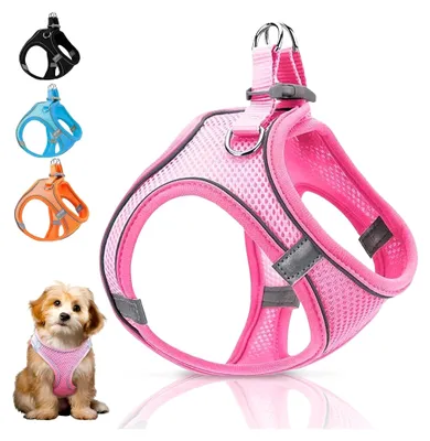 Produktbild von Hundegeschirr für kleine Hunde, reflektierendes Anti-Zug Geschirr, verstellbares Geschirr für Hunde und Katzen, atmungsaktives Brustgeschirr, Sicherheitsgeschirr (Pink, M)