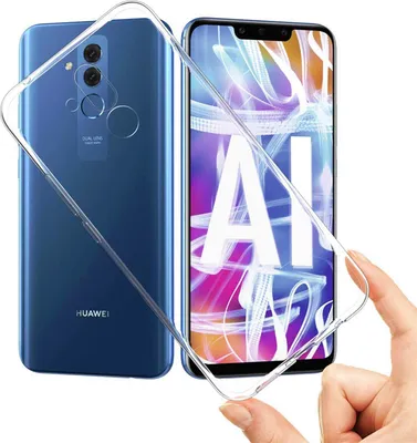 A clear phone case is shown in front of a blue Huawei Mate 20 Lite phone and a phone screen with abstract graphics.