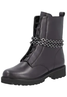 A black leather boot with a chain detail.