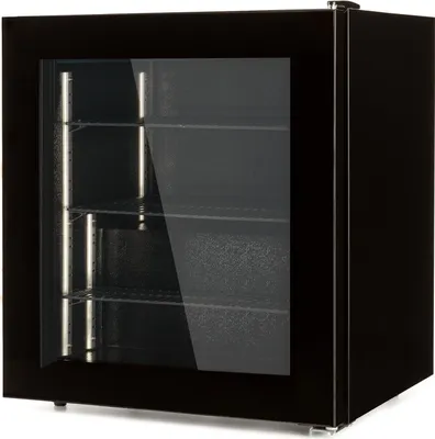 A black mini-refrigerator with a glass door and shelves inside.