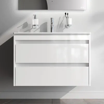 Produktbild von AM.PM Badmöbel Set Badezimmerschrank Hängender Waschbecken mit Unterschrank mit Soft Close, wandhängend, mit 2 Schubladen, Farbe Weiß, als Flachpaket