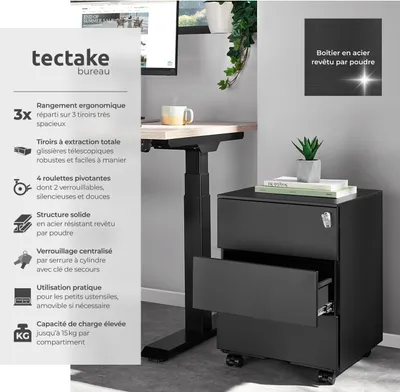 Image de Caisson de bureau à roulettes Magna avec 3 tiroirs verrouillables - noir