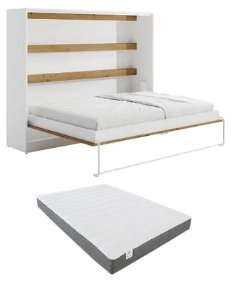 Produktbild von Versteckbett 140 × 200 cm - Horizontale manuelle Öffnung - LED-Beleuchtung - Weiß und natürlich + Matratze - RAPILI