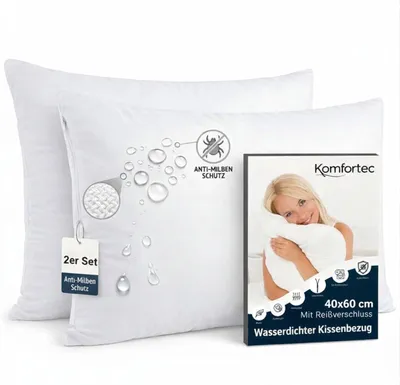 Produktbild von Komfortec Wasserdichter Kissenbezug 2er Set 40x60 cm mit Reißverschluss, Atmungsaktiv, Hypoallergen Kopfkissenbezüge, Anti-Milben, 2 Stück Kissenschoner, Weiß