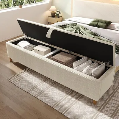 Produktbild von Bettbank Polsterbank mit Hydraulischem Stauraum, Sitzbank Aufbewahrungsbank Aufbewahrungsbox, Geeignet für Schlafzimmer, Wohnzimmer und Flur, Cordstoff, Beige, 145 x 38 x 46 cm
