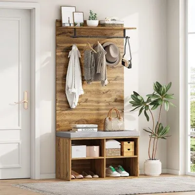 Productafbeelding van Hoogwaardige houten garderobekast met zitbank, verstelbaar plateau en kledingstang - 84 x 32 cm - Praktische set voor de inrichting van de ruimte