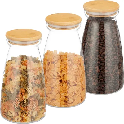Immagine prodotto di Barattoli per alimenti Relaxdays con coperchio, set da 3, 1400 ml, ermetici, conservazione degli alimenti, barattoli per conserve, trasparenti/naturali