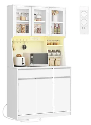 Produktbild von Küchenschrank Sideboard Kommode mit Steckdosen LED-Licht 2 Schubladen 40x100x180 cm Weiß