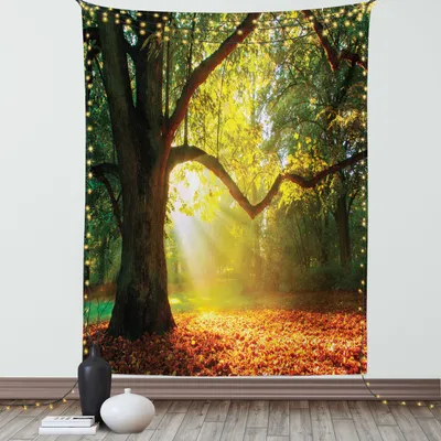 Immagine prodotto di ABAKUHAUS Arazzo con foglie,  Quercia possente con foglie sparse Raggi di sole nella foresta Stampa naturale, Soggiorno Camera da letto Tela da parete in raso setoso, 100 x 150 cm, Arancione Verde Marrone