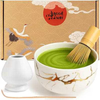 Produktbild von Matcha Set "White Marmor" mit Schale, Besen & Besenhalter – edles Set für Matcha-Zeremonie und stilvollen Teegenuss