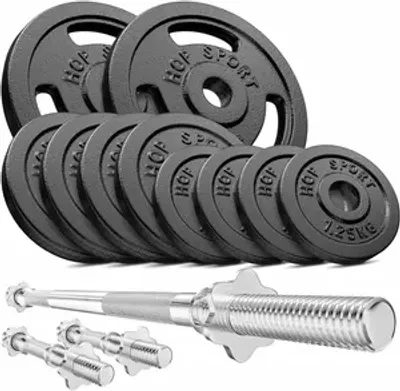 Produktbild von Hop-Sport 39kg Gusseisen Hantel-Set Langhantel Set  Langhantelstange Kurzhantelstange 30mm, 1x Langhantel, 2x Kurzhanteln, Gewichte: 2x5kg, 4x2,5kg, 4x 1,25kg