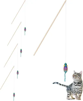 Produktbild von Relaxdays Katzenangel mit Maus, 5er Set, interaktives Katzenspielzeug, 106 cm lang, Beschäftigung Katzen & Kitten, bunt