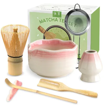 Produktbild von Theeset, 7-teilig – Bambus-Matcha-Set – Keramische Matcha-Schale – Sieb – Teelöffelhalter – Japanische Accessoires – Matcha-Set