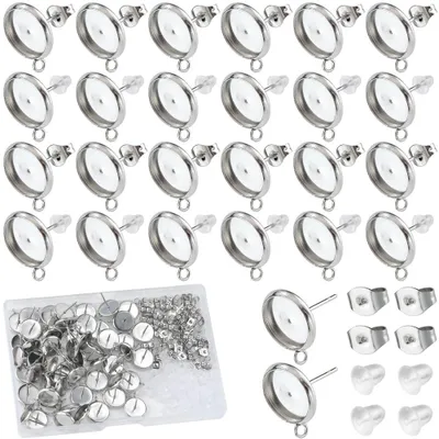 Produktbild von Ohrstecker-Rohlinge - 180 Stück mit Ohrmuttern - Schmuckherstellung - 10 mm Edelstahl Silberfarben