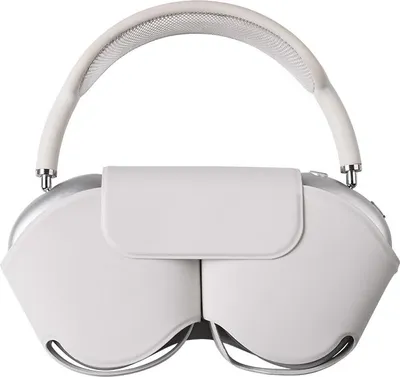 A white and silver pair of headphones is shown from the front.
