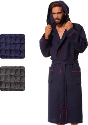 Obrázek produktu pro Uniqoos® pánský župan z lehké vatované bavlny, dlouhý po lýtka, s kapucí, 2 kapsy + kapsa na zip, klasický střih, 100% bavlna