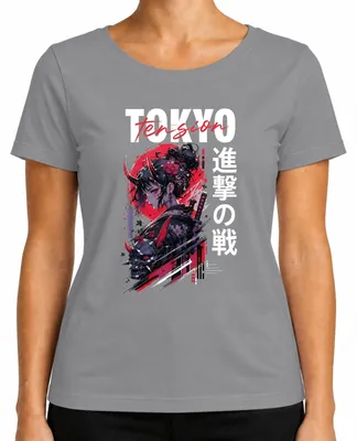 Zdjęcie produktu dla T-shirt damski, kolor szary, rozmiar XXL. Motyw: Tokyo Oni Girl, anime, manga, katana, Japonia, styl Y2K, cyberpunk