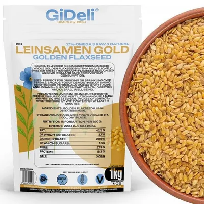 Immagine prodotto di Semi di lino dorati 1 kg, interi, vegani, naturali, ricchi di fibre, per dolci, GiDeli