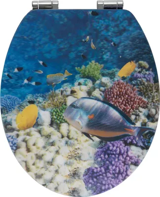 A toilet seat lid with a 3D effect image of a coral reef and fish.