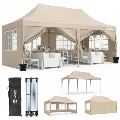 Produktbild von Sekey Faltpavillon 3x6 Wasserdicht mit 6 Seitenwänden, UV50+ Gartenpavillon Partyzelt, Taupe