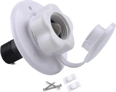 Imagen del producto de Entrada de agua para vehículos recreativos con válvula de retención. Válvula de agua unidireccional con filtro de acero inoxidable integrado. Diámetro de la rosca: 19 mm, G1/2 pulgada. Adecuado para vehículos recreativos, autocaravanas y campers. Garantiza la limpieza de la calidad del agua