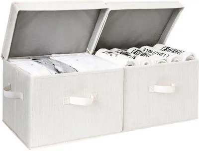 Produktbild von Famanu Aufbewahrungsboxen mit Deckel, faltbare Wäschekörbe mit Griffen für die Aufbewahrung im Schrank, grau-weiß, Set von 2