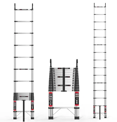 Produktbild von Teleskopleiter - Ausziehleiter 4,4 m - Mit 2 Haken - Rutschfeste Gummifüße - Bis 150 kg belastbar - Klappbare Arbeitsleiter