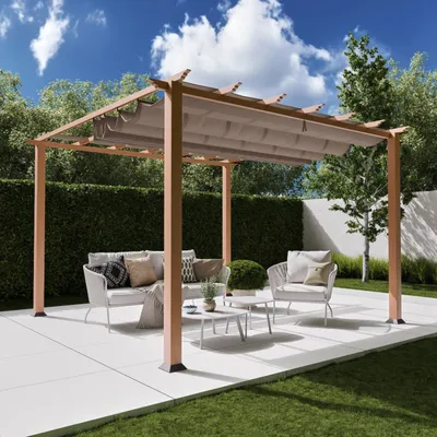 Zdjęcie produktu dla Aluminiowa pergola, pawilon Paragon Outdoor Florida 10x10 z regulowaną markizą 320 x 320 cm o wyglądzie drewna