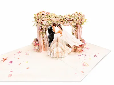 Obrázek produktu pro Romantické 3D pop-up svatební přání, přání ke svatbě, ženich a nevěsta pod květinovým obloukem, také pro peněžní dar