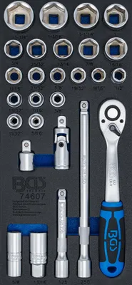 Produktbild von BGS 74607 Werkstattwageneinlage 1/3: Steckschlüsse l-Satz, Zollgrößen, 12,5 mm (1/2"), 27-tlg.