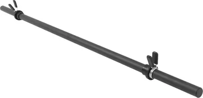 A black barbell with two spring collars is shown against a white background.