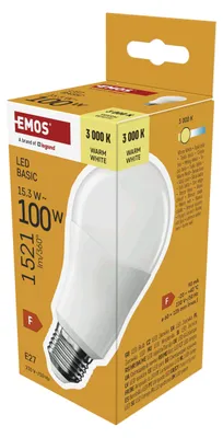 Obrázok produktu pre EMOS LED žiarovka BASIC A60, pätica E27, teplá biela, 1521 lm, 15,3 W (náhrada za 100W žiarovku), životnosť 20 000 h, ZL5F67